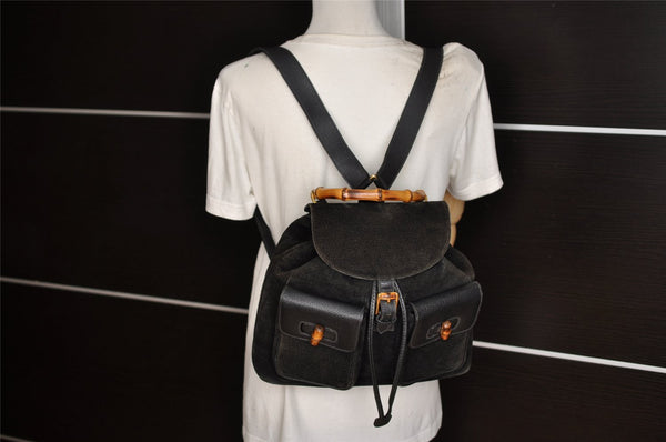 Authentic GUCCI Vintage Bamboo Drawstring Backpack Suede Leather Black 5298K