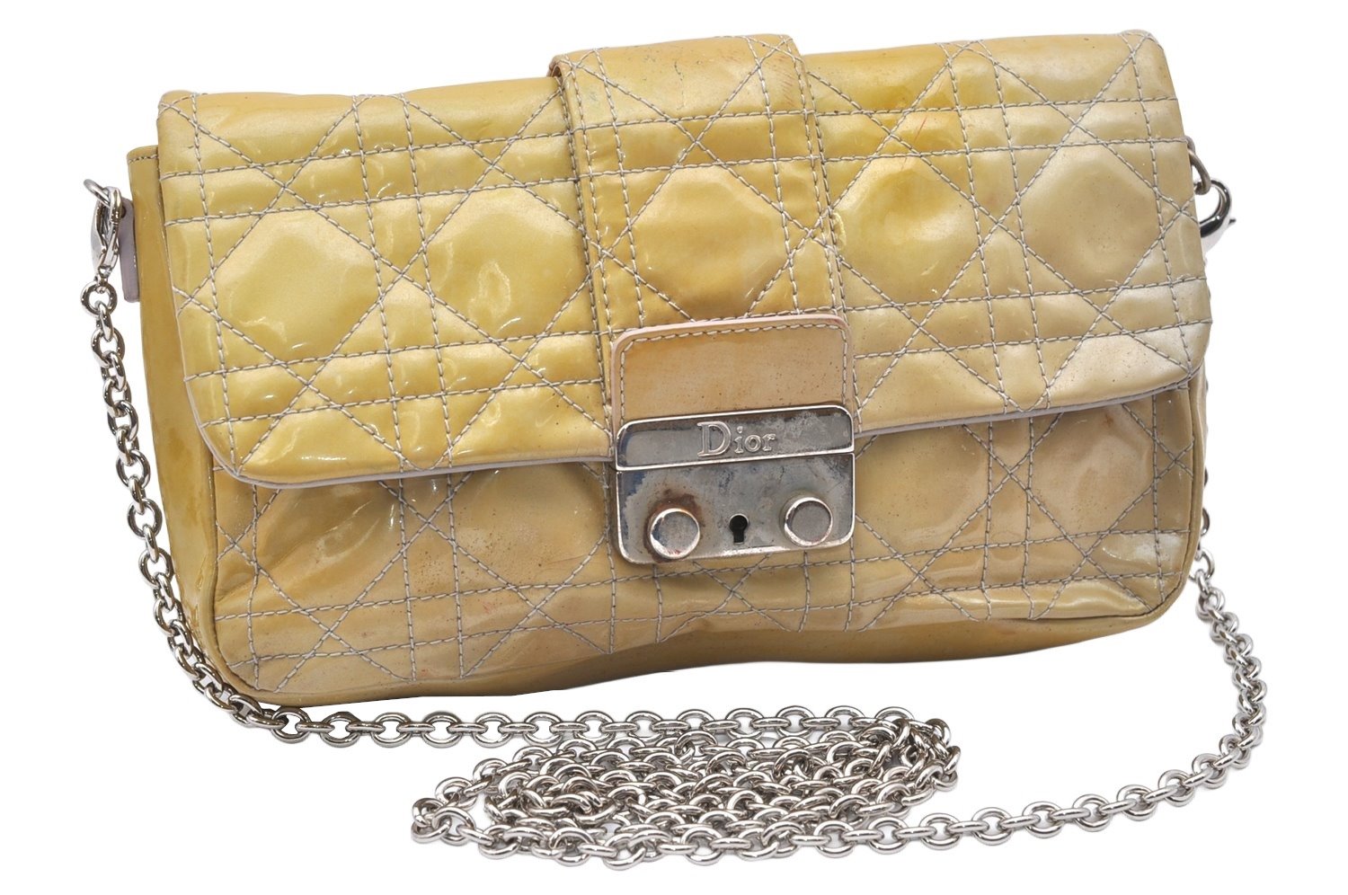 Authentic Christian Dior New Lock Cannage Enamel Chain Shoulder Bag Yellow 5305K