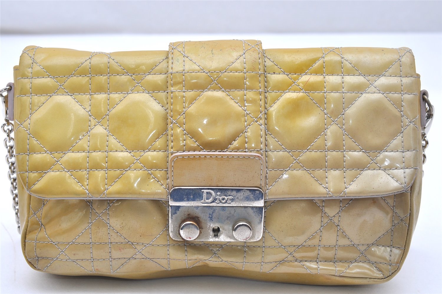Authentic Christian Dior New Lock Cannage Enamel Chain Shoulder Bag Yellow 5305K