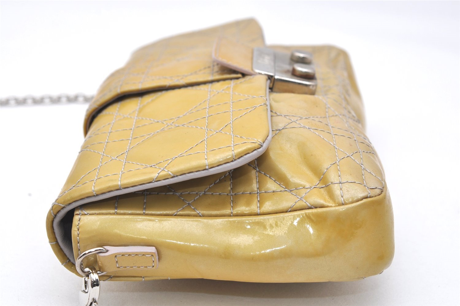 Authentic Christian Dior New Lock Cannage Enamel Chain Shoulder Bag Yellow 5305K
