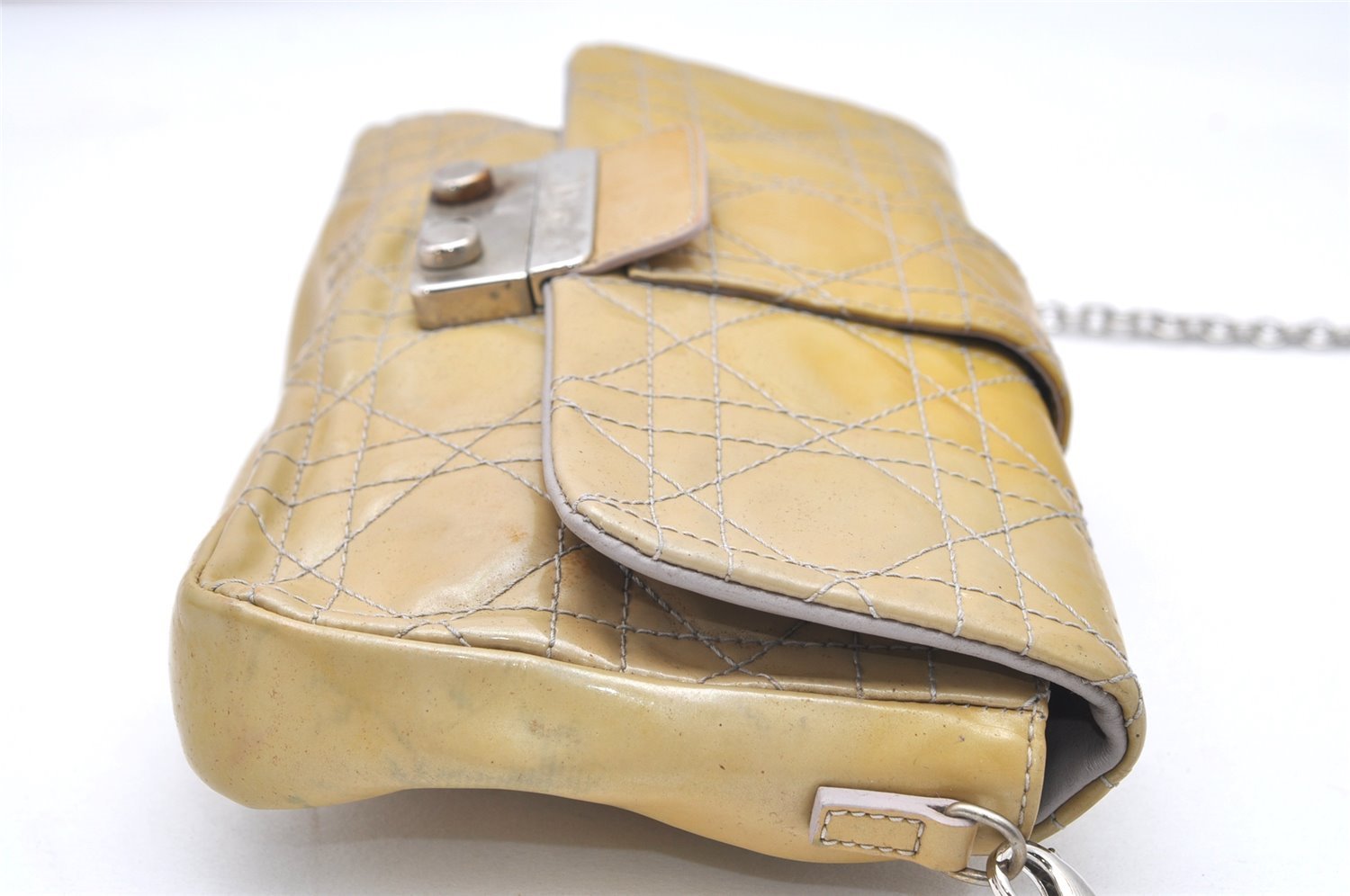 Authentic Christian Dior New Lock Cannage Enamel Chain Shoulder Bag Yellow 5305K