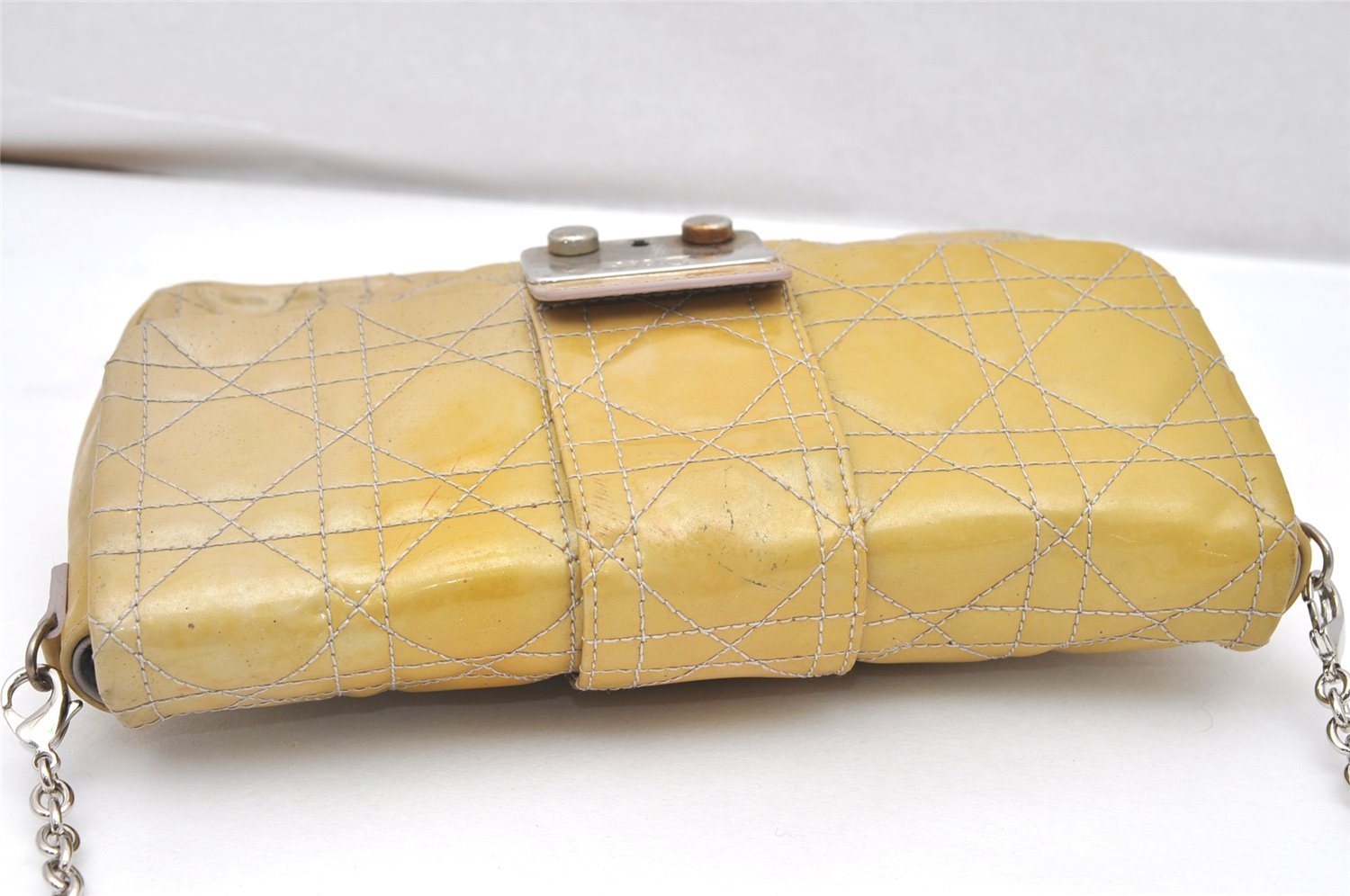 Authentic Christian Dior New Lock Cannage Enamel Chain Shoulder Bag Yellow 5305K