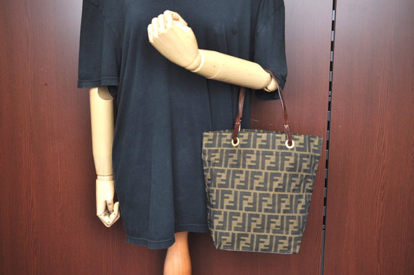 Authentic FENDI Zucca Vintage Shoulder Hand Tote Bag Nylon Leather Brown 5309H
