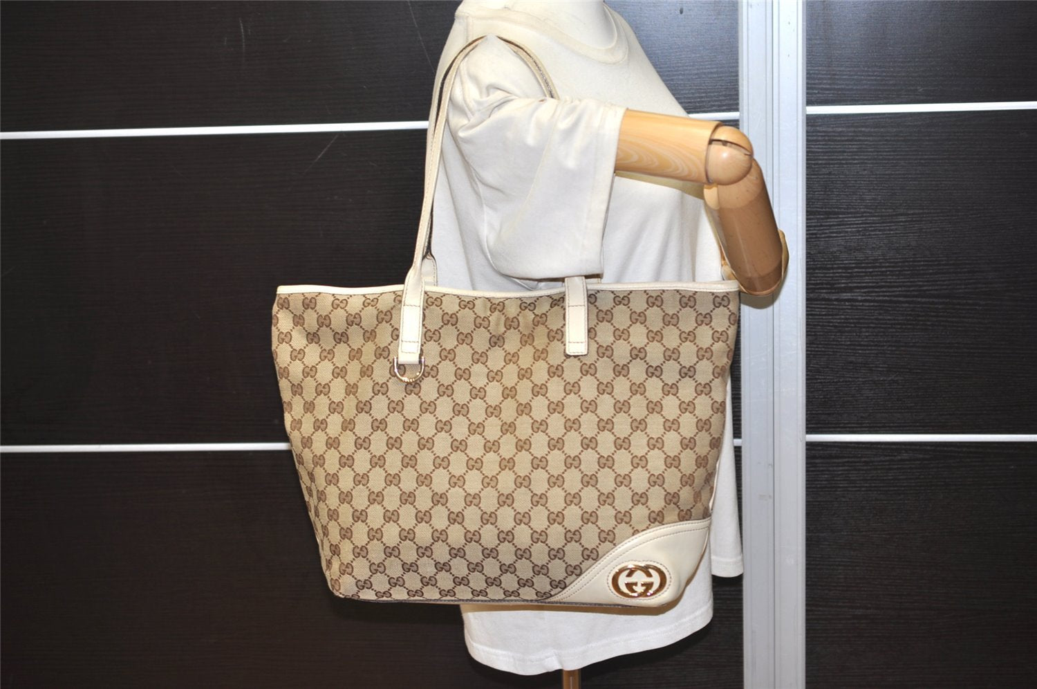 Authentic GUCCI New Britt Shoulder Tote Bag GG Canvas Leather 169945 Brown 5309J