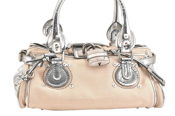 Authentic Chloe Paddington Canvas Leather Shoulder Hand Bag Beige Silver 5310K