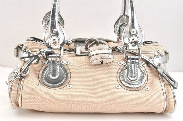 Authentic Chloe Paddington Canvas Leather Shoulder Hand Bag Beige Silver 5310K