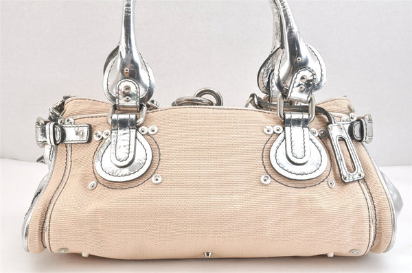 Authentic Chloe Paddington Canvas Leather Shoulder Hand Bag Beige Silver 5310K