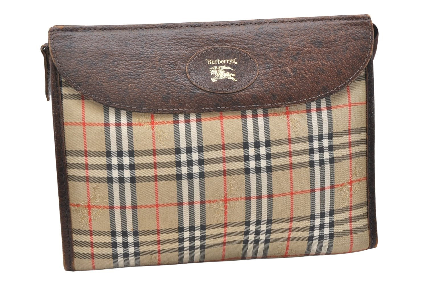 Authentic Burberrys Nova Check Clutch Hand Bag Patter Canvas Leather Beige 5311K