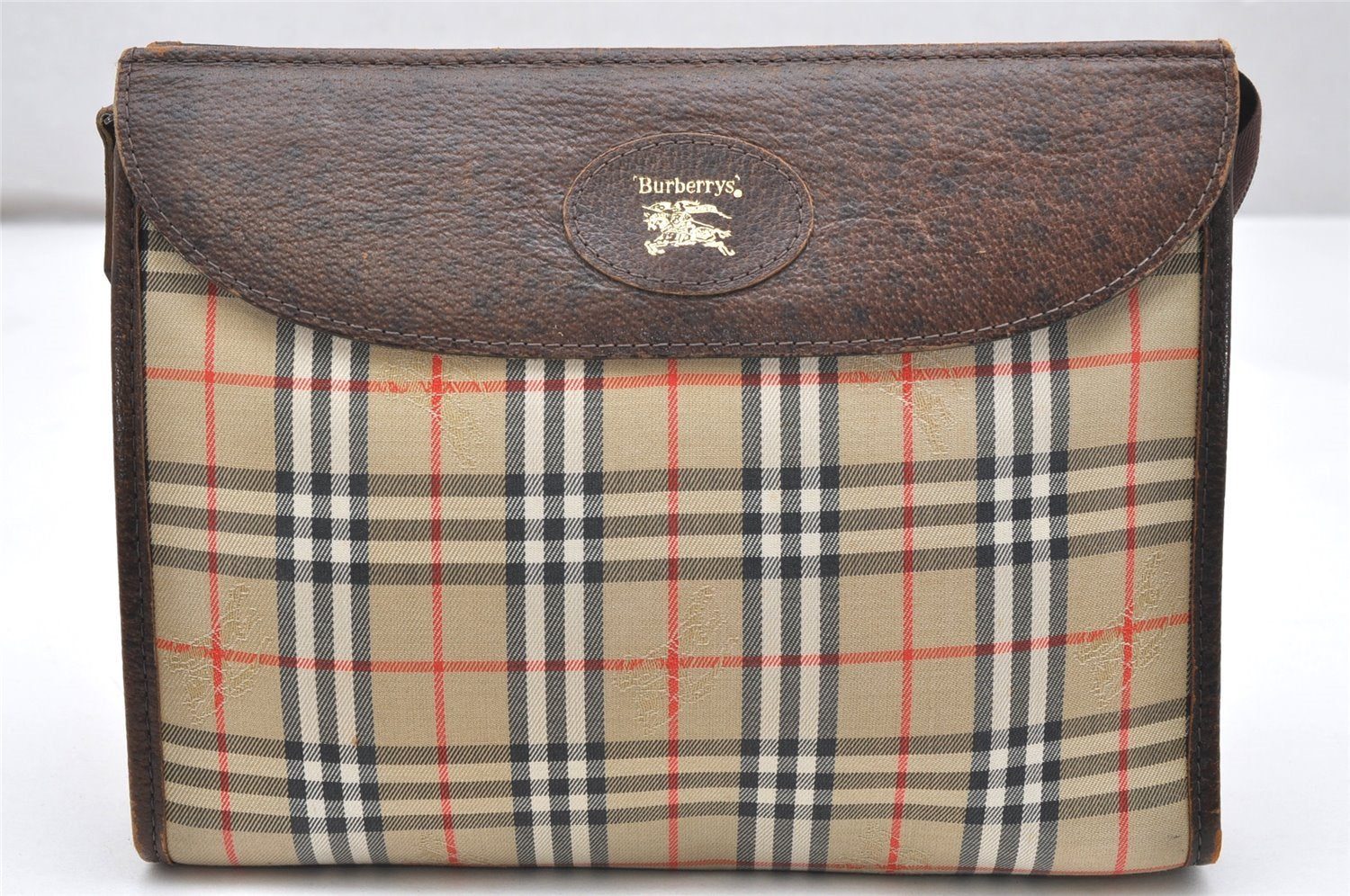 Authentic Burberrys Nova Check Clutch Hand Bag Patter Canvas Leather Beige 5311K
