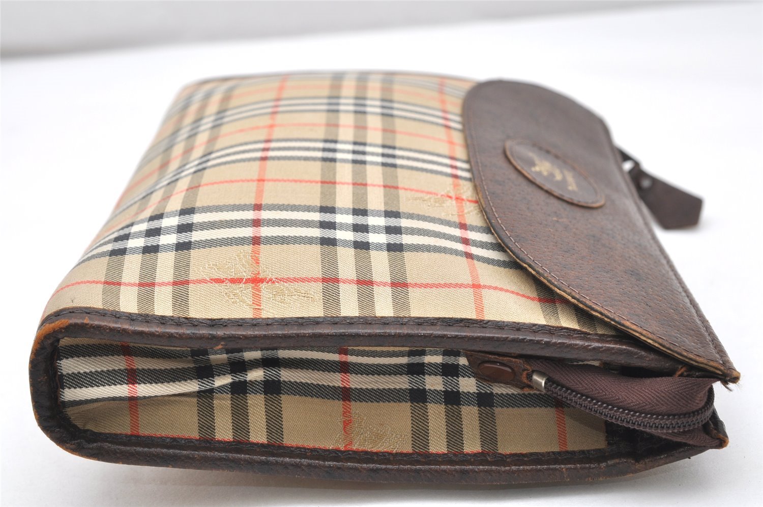 Authentic Burberrys Nova Check Clutch Hand Bag Patter Canvas Leather Beige 5311K