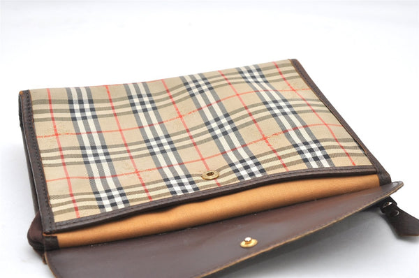 Authentic Burberrys Nova Check Clutch Hand Bag Patter Canvas Leather Beige 5311K