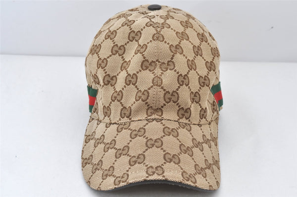 Authentic GUCCI Web Sherry Line Cap GG Canvas Leather Size L 200035 Black 5315K