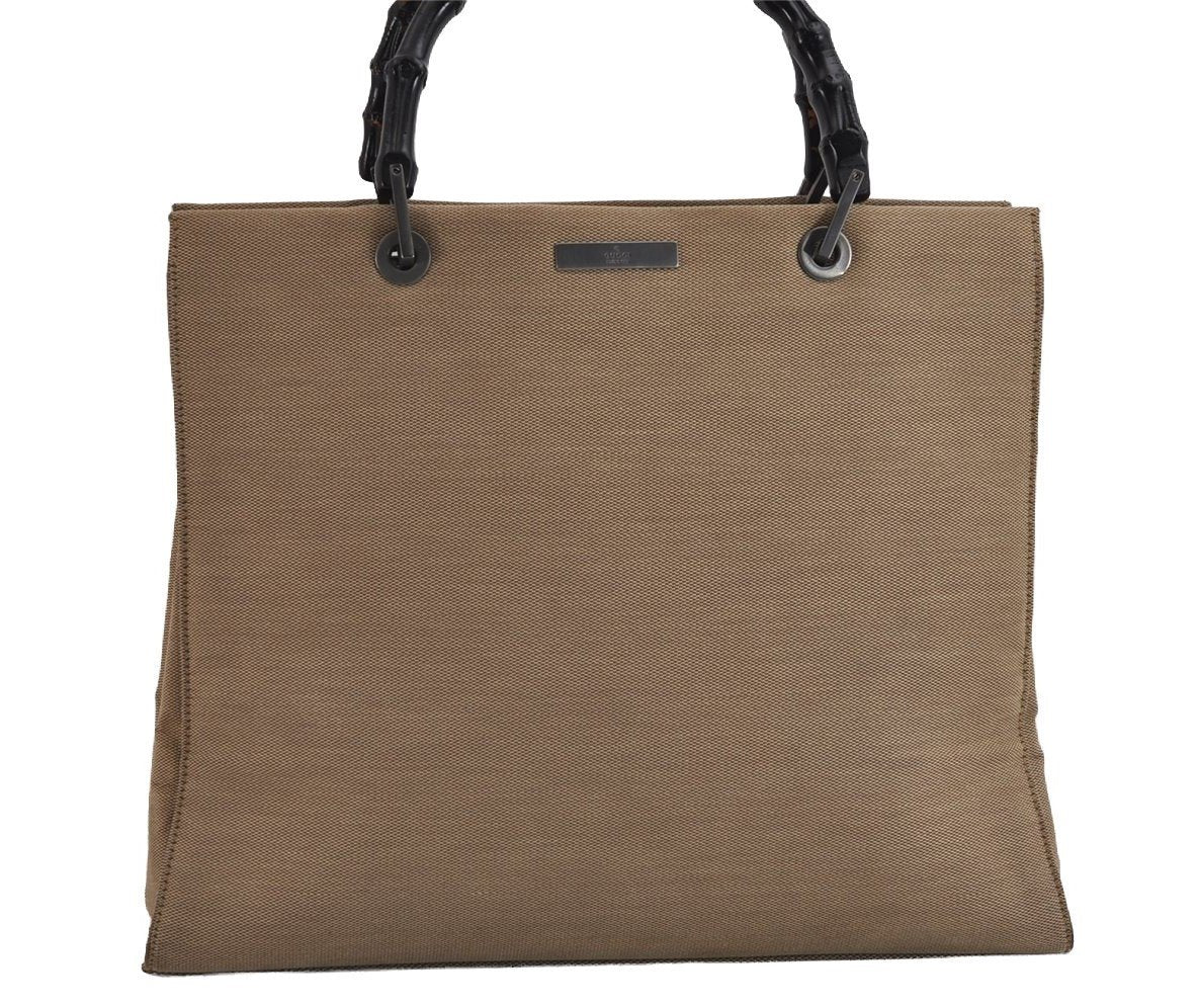 Authentic GUCCI Bamboo Vintage Hand Bag Canvas Leather 0021010 Beige 5317J