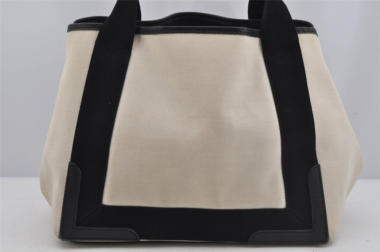 Authentic BALENCIAGA Navy Caba S Hand Bag Canvas Leather 339933 White 5318J