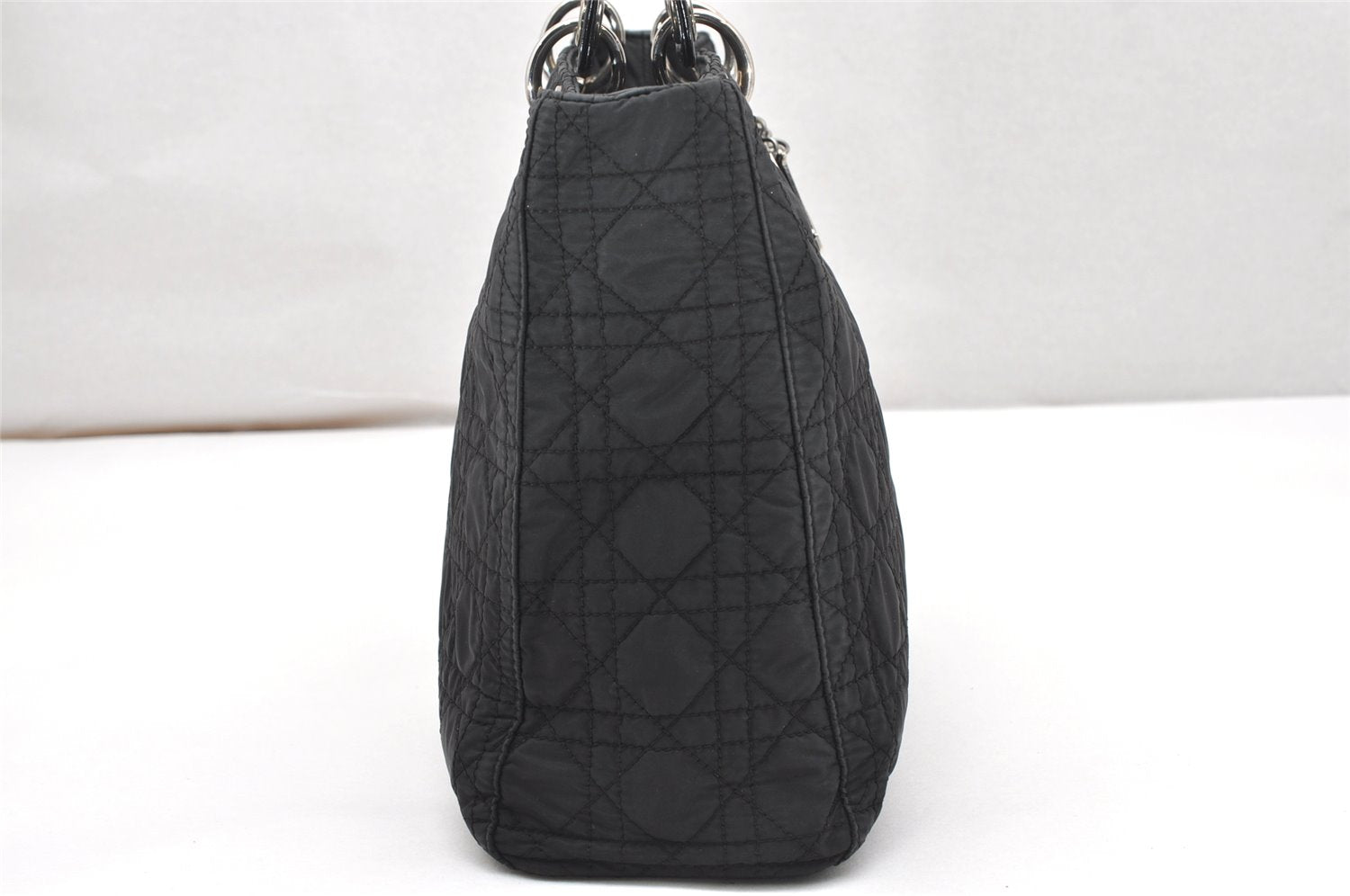 Auth Christian Dior Lady Dior Cannage Nylon Leather Hand Bag Black Junk 5332K