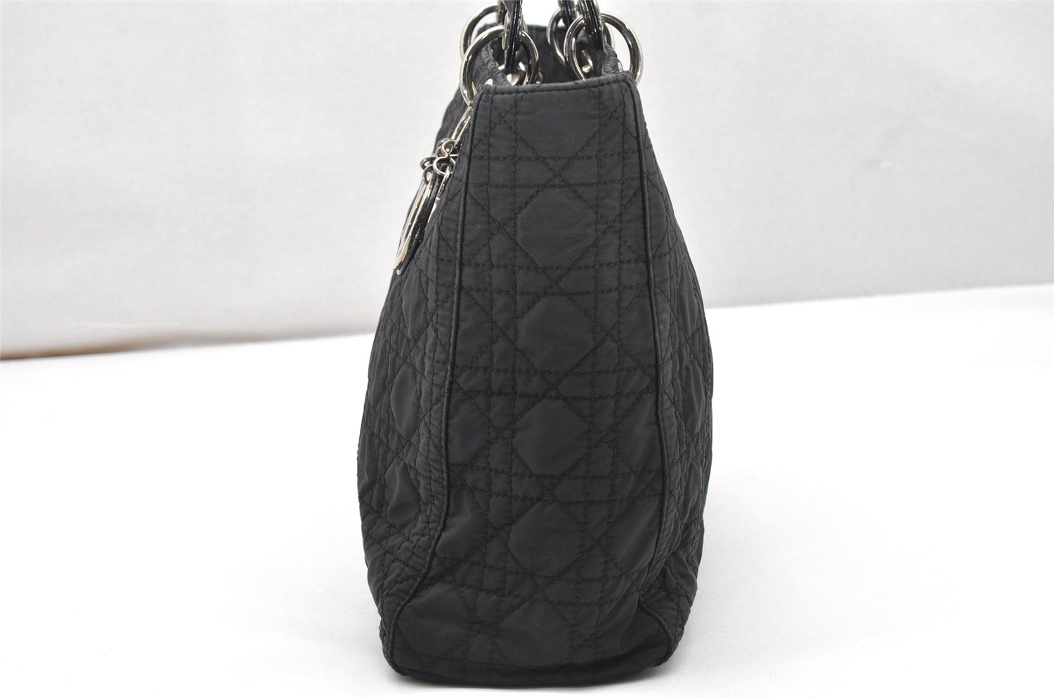 Auth Christian Dior Lady Dior Cannage Nylon Leather Hand Bag Black Junk 5332K