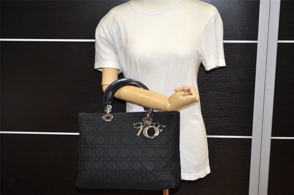 Auth Christian Dior Lady Dior Cannage Nylon Leather Hand Bag Black Junk 5332K