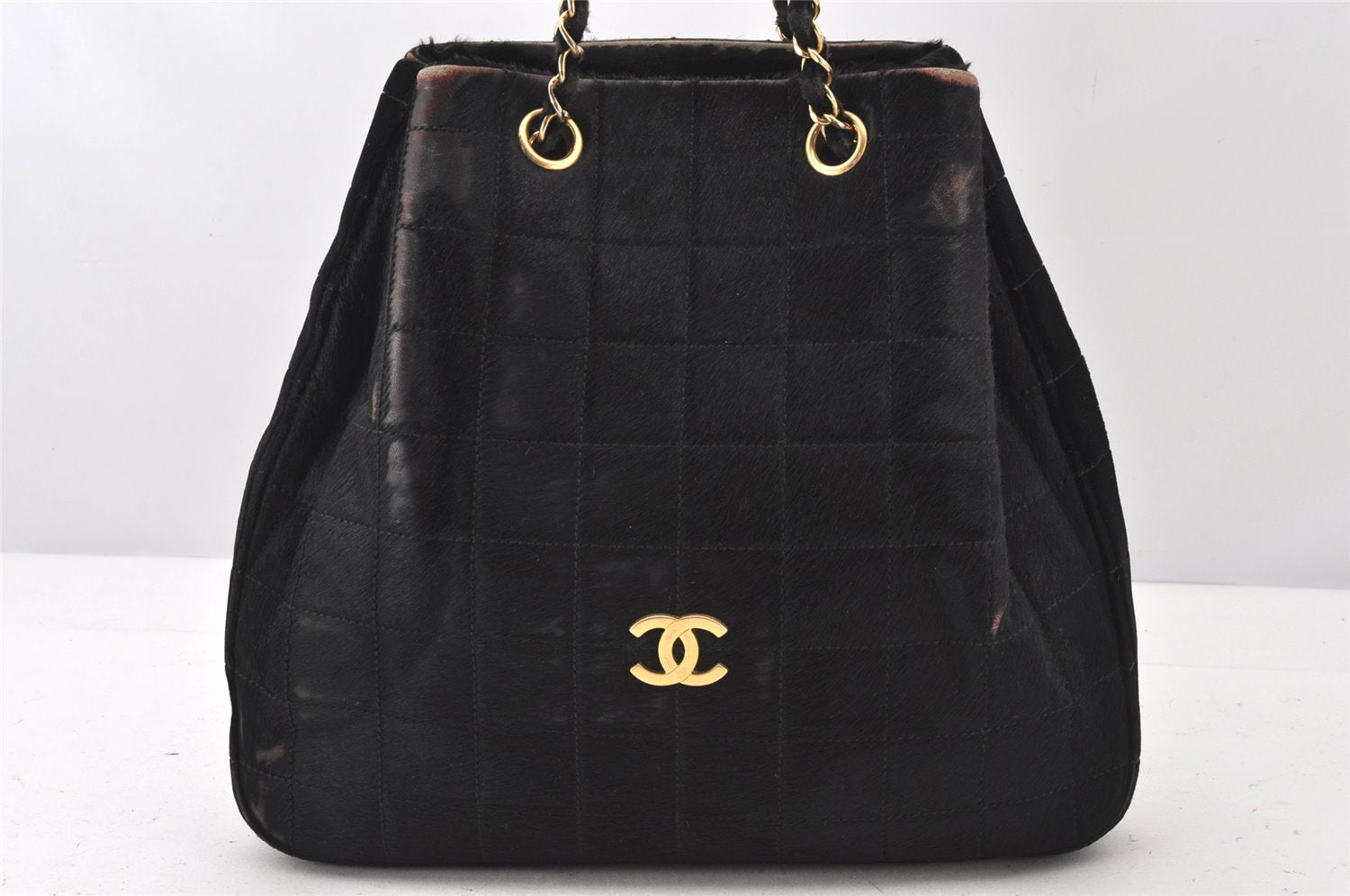 Authentic CHANEL Chocolate Bar Unborn Calf Leather Shoulder Bag Black 5334K