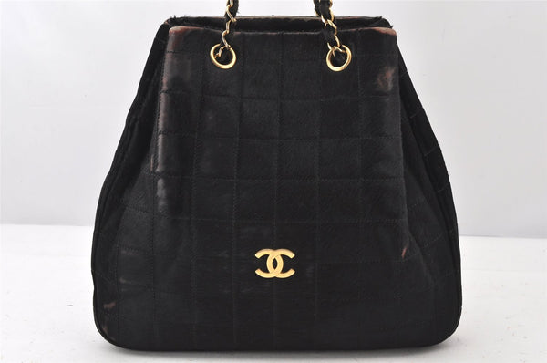 Authentic CHANEL Chocolate Bar Unborn Calf Leather Shoulder Bag Black 5334K