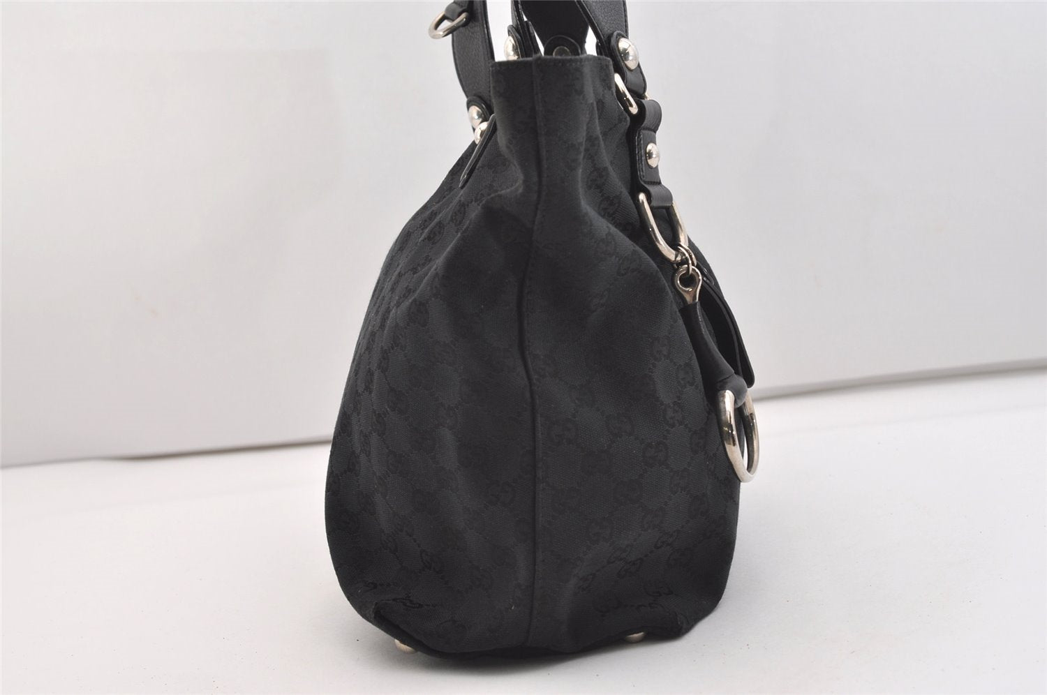 Authentic GUCCI Horsebit Shoulder Tote Bag GG Canvas Leather 229852 Black 5335J