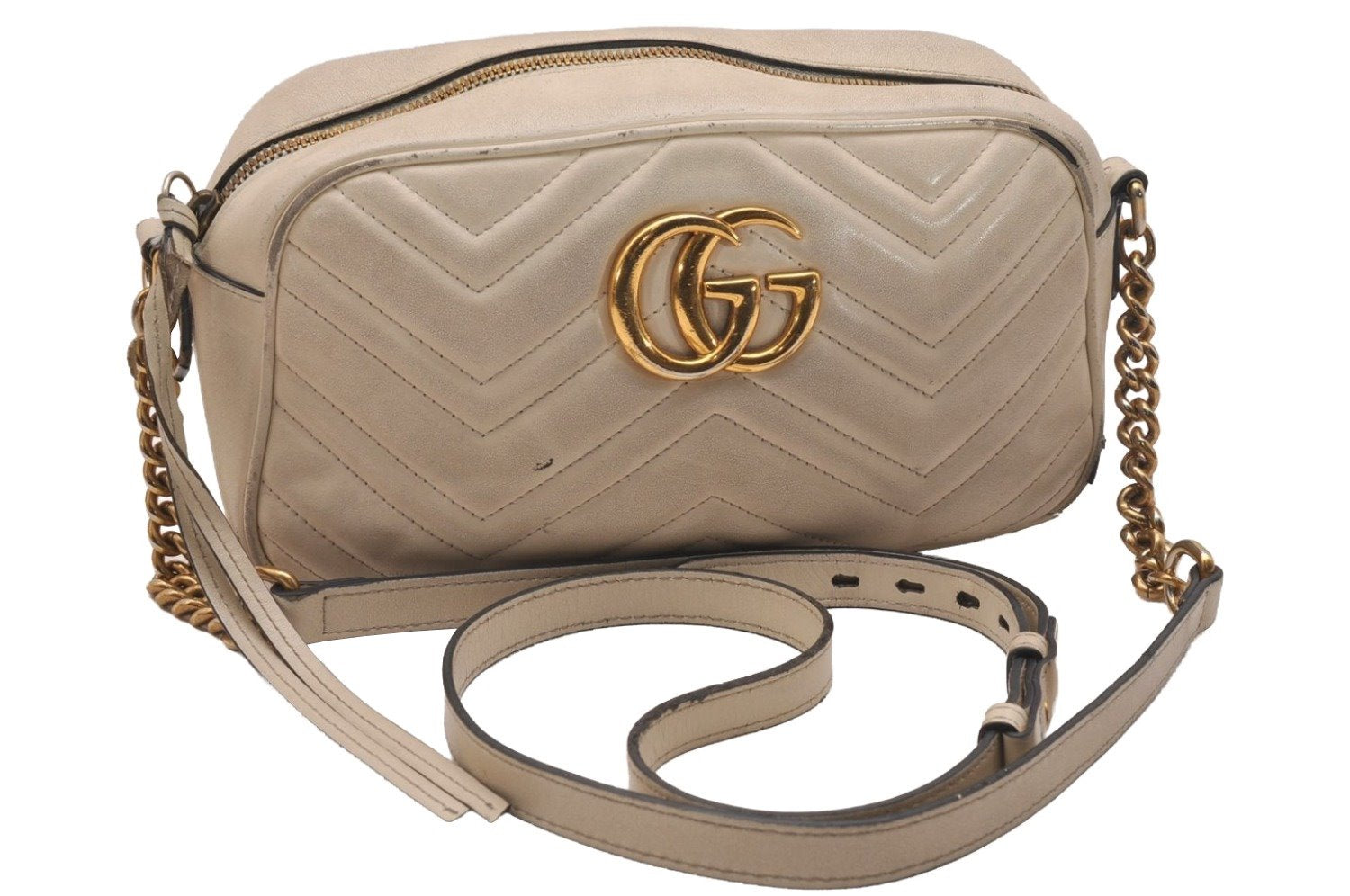 Authentic GUCCI GG Marmont Chain Shoulder Cross Bag Leather 447632 White 5336J