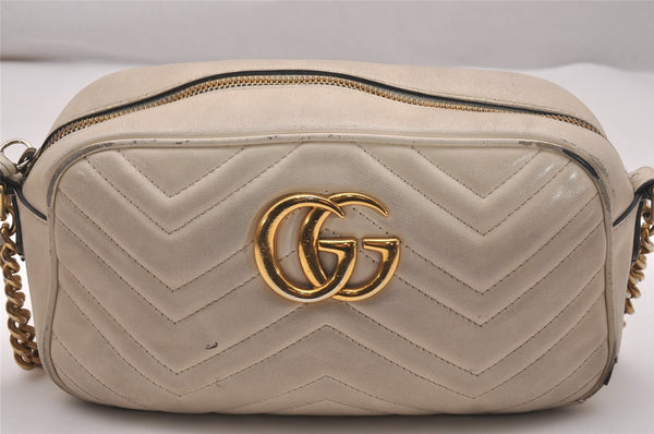 Authentic GUCCI GG Marmont Chain Shoulder Cross Bag Leather 447632 White 5336J