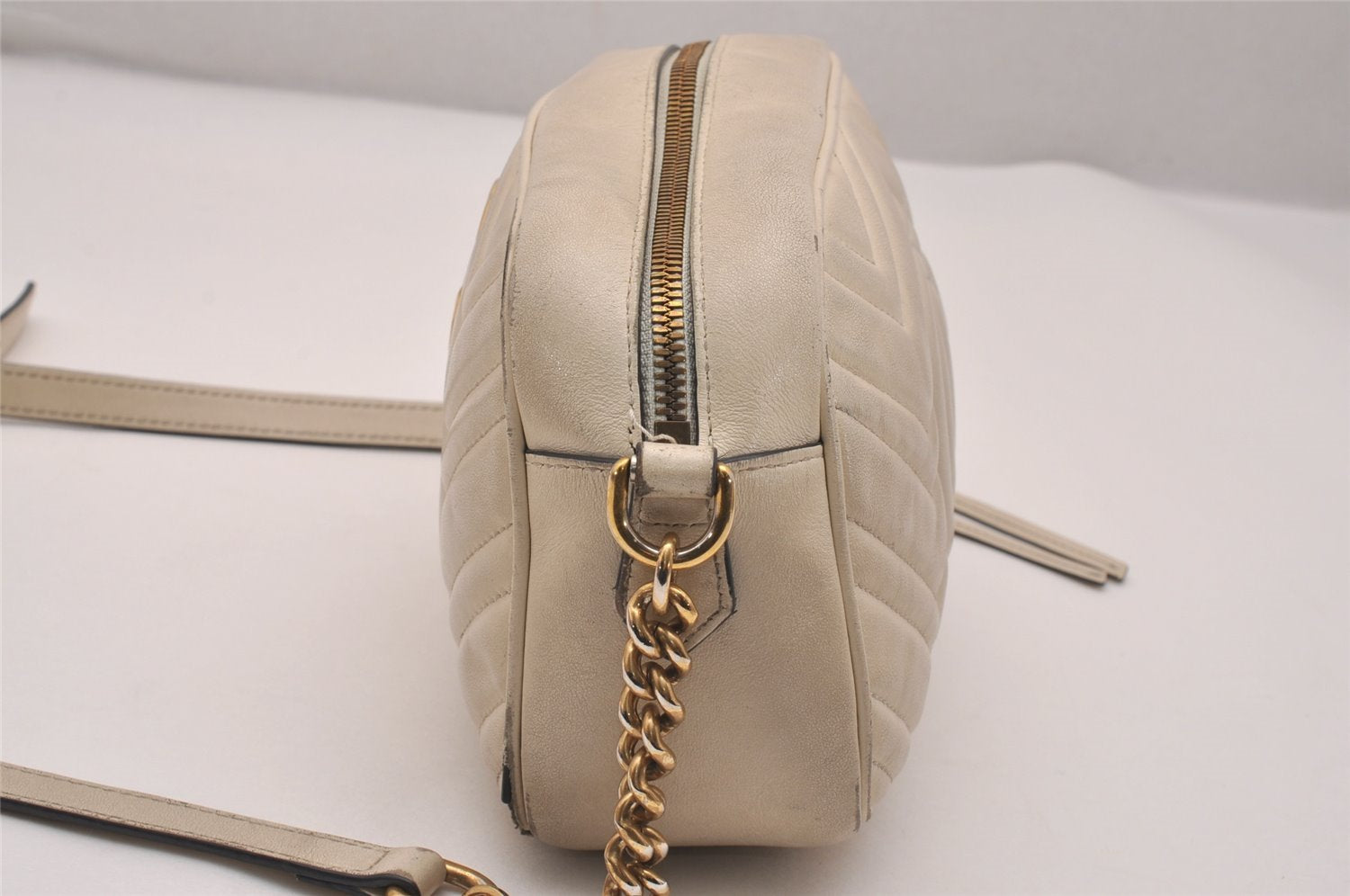 Authentic GUCCI GG Marmont Chain Shoulder Cross Bag Leather 447632 White 5336J