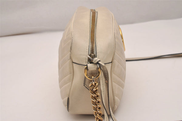 Authentic GUCCI GG Marmont Chain Shoulder Cross Bag Leather 447632 White 5336J