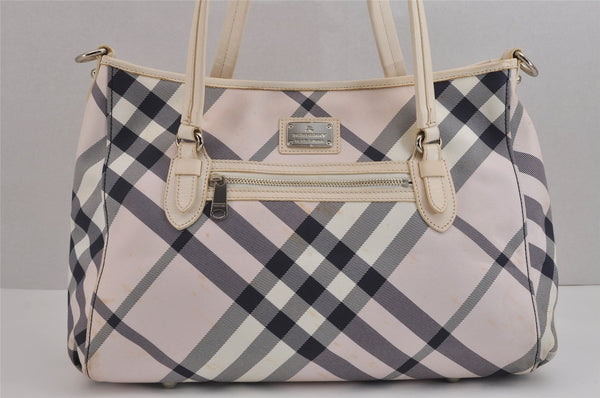 Authentic BURBERRY BLUE LABEL Check 2Way Tote Bag Canvas Leather Pink 5340J