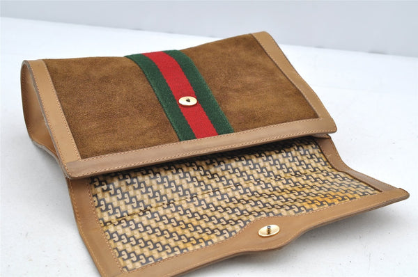 Authentic GUCCI Web Sherry Line Clutch Hand Bag Purse Suede Leather Brown 5347I