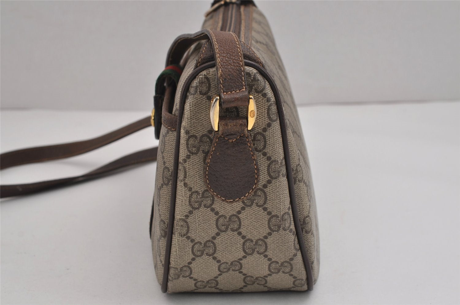 Authentic GUCCI Web Sherry Line Shoulder Bag GG PVC Leather Brown Junk 5350J