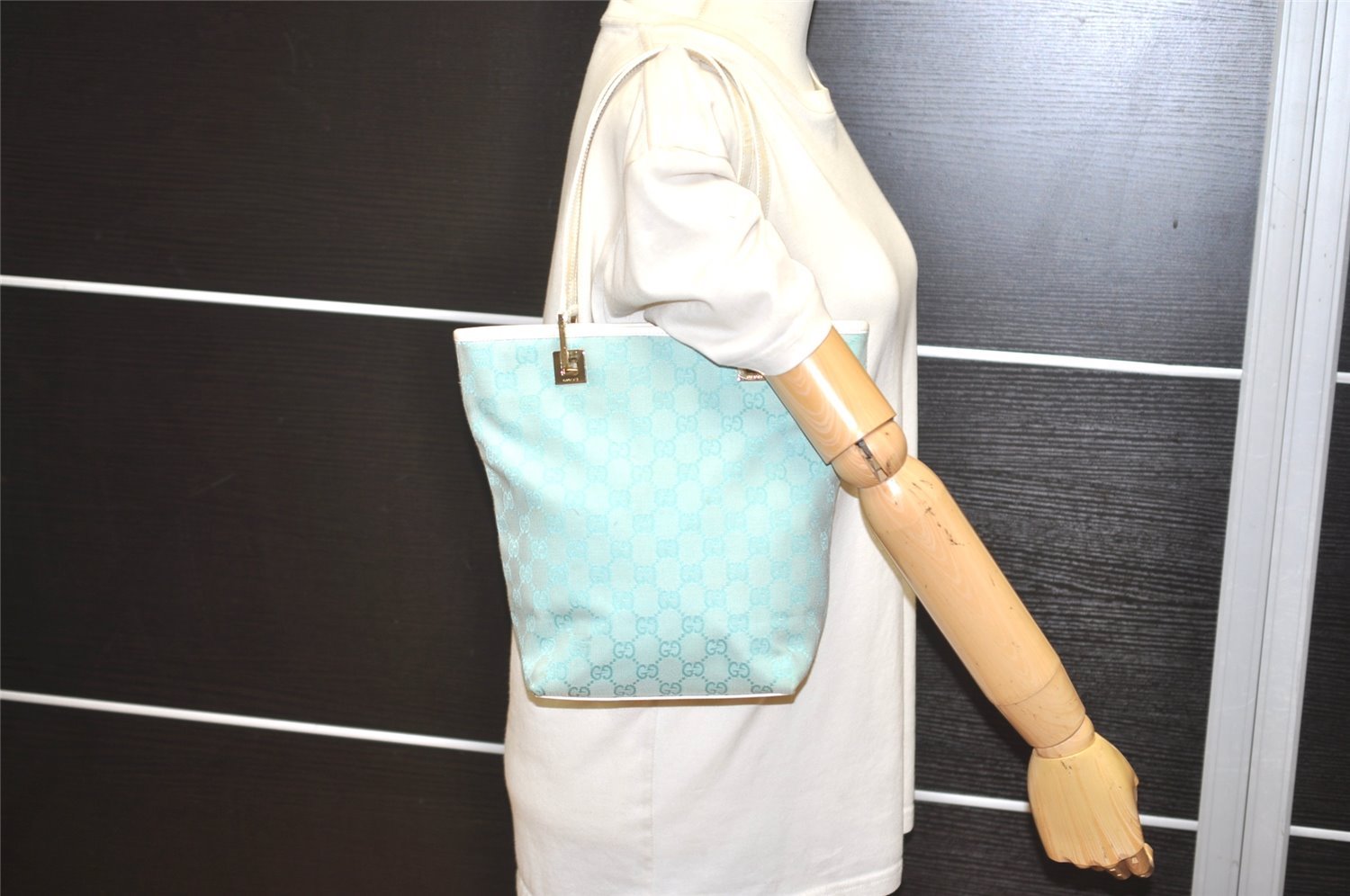 Authentic GUCCI Shoulder Tote Bag GG Canvas Leather 0021099 Light Blue 5352I