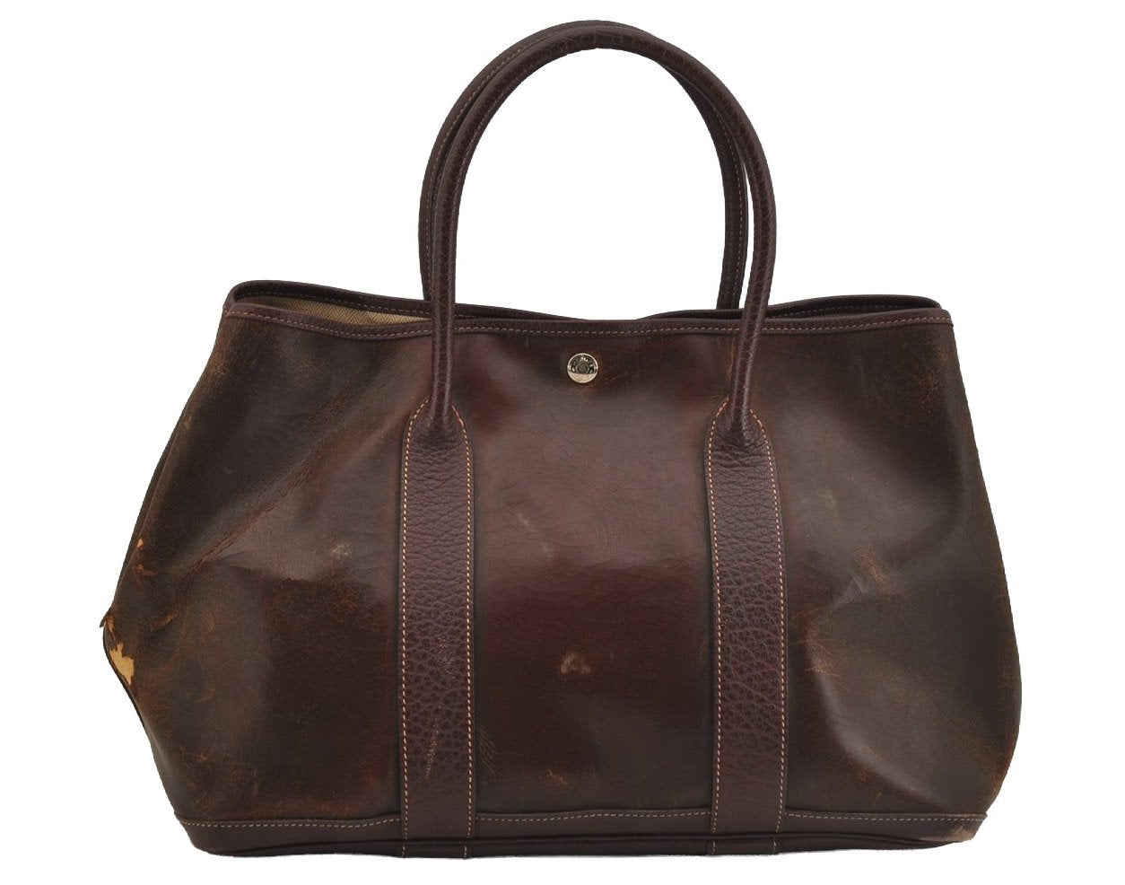 Authentic HERMES Garden Party MM Shoulder Tote Bag PVC Leather Brown Junk 5353J