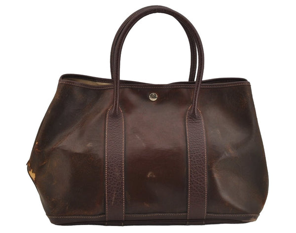 Authentic HERMES Garden Party MM Shoulder Tote Bag PVC Leather Brown Junk 5353J