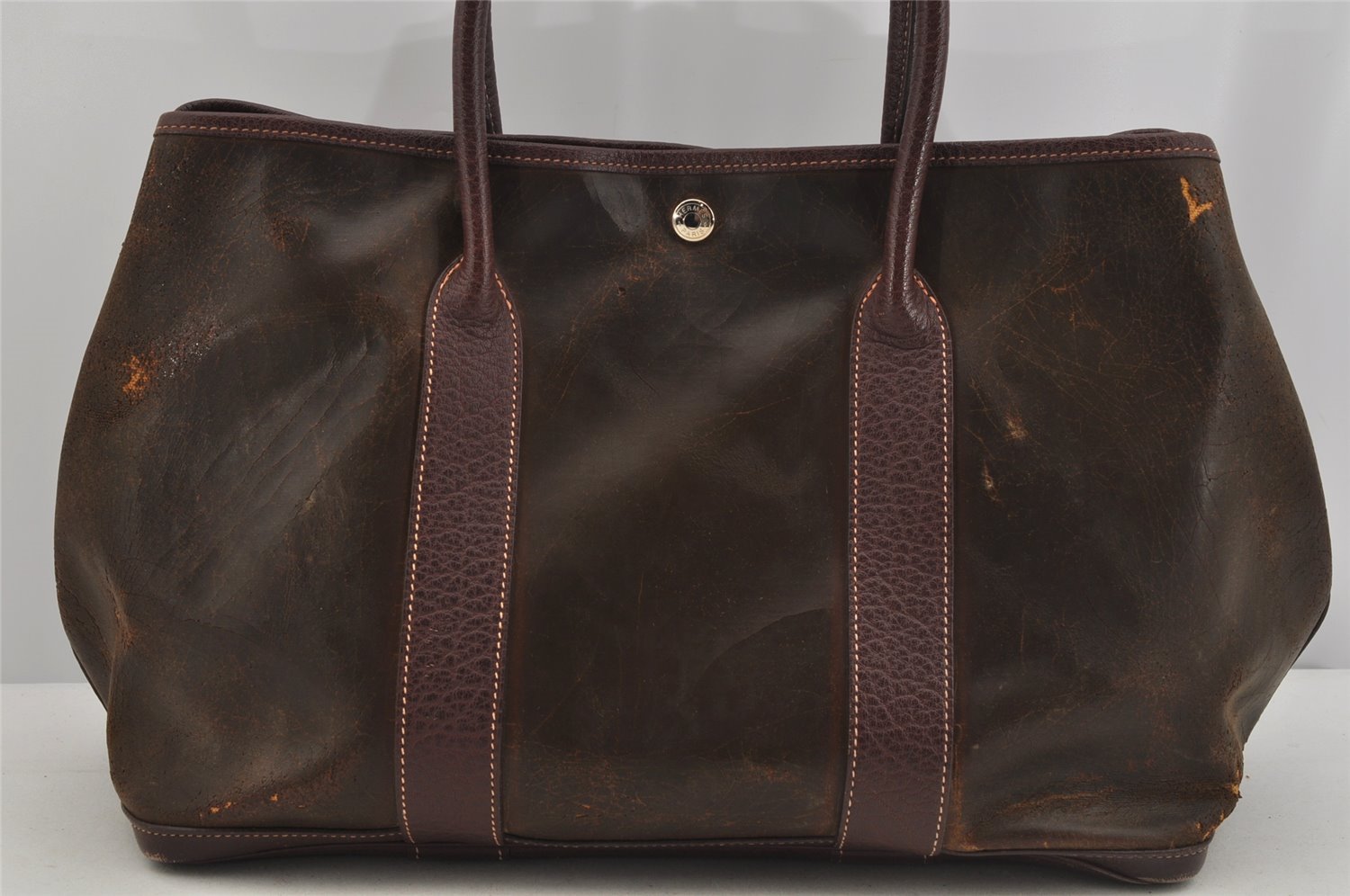 Authentic HERMES Garden Party MM Shoulder Tote Bag PVC Leather Brown Junk 5353J