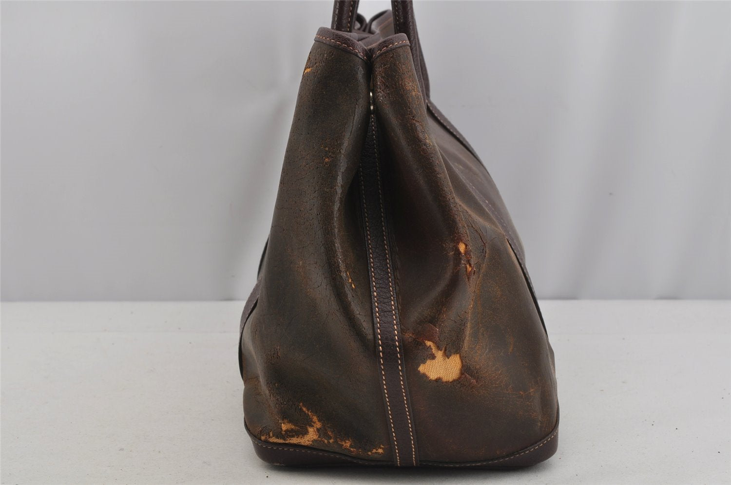 Authentic HERMES Garden Party MM Shoulder Tote Bag PVC Leather Brown Junk 5353J