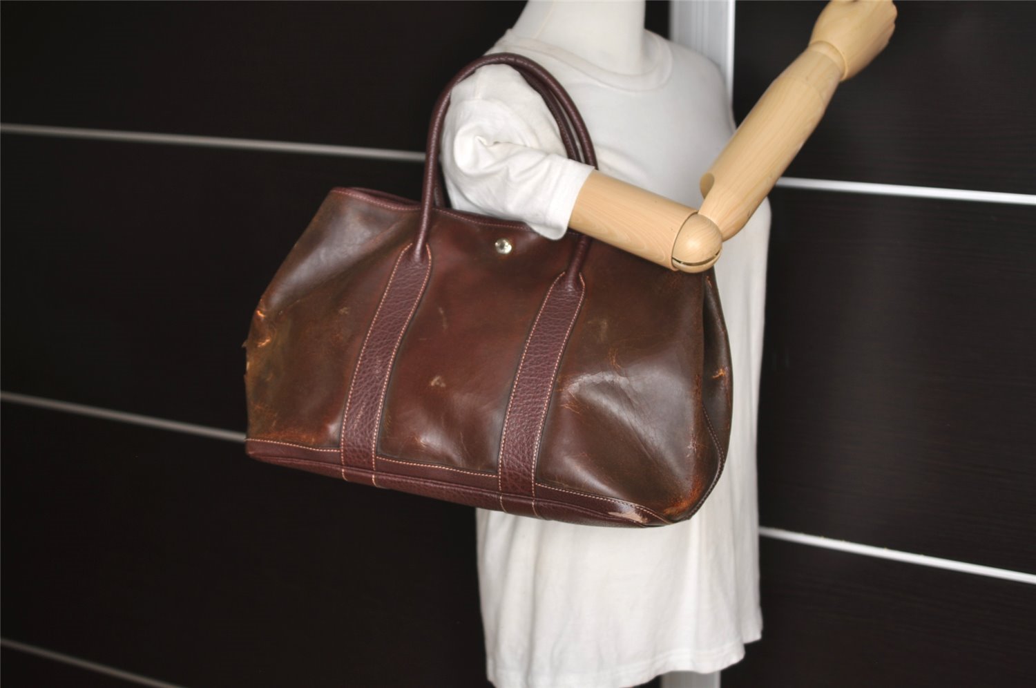 Authentic HERMES Garden Party MM Shoulder Tote Bag PVC Leather Brown Junk 5353J