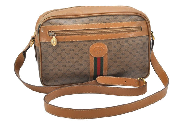 Auth GUCCI Web Sherry Line Micro GG Shoulder Bag PVC Leather Brown Junk 5357K