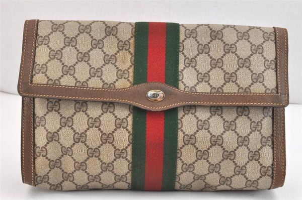 Authentic GUCCI Web Sherry Line Clutch Hand Bag GG PVC Leather Brown Junk 5358K