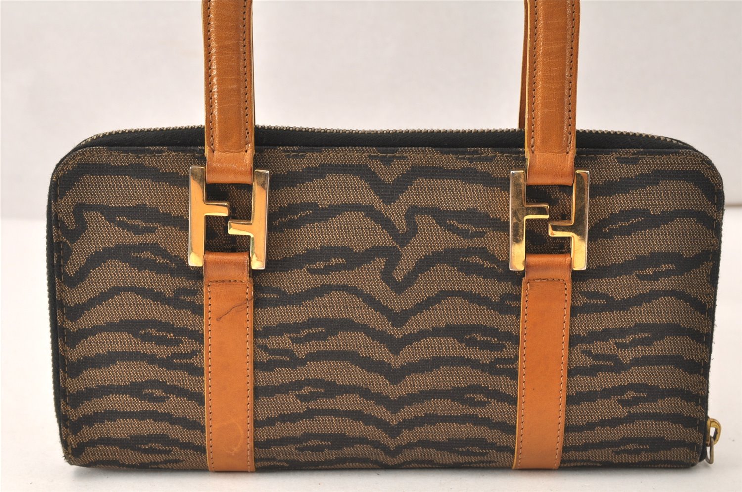 Authentic FENDI Zebra Pattern Hand Long Wallet Purse Canvas Leather Brown 5359K