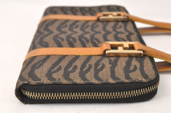 Authentic FENDI Zebra Pattern Hand Long Wallet Purse Canvas Leather Brown 5359K