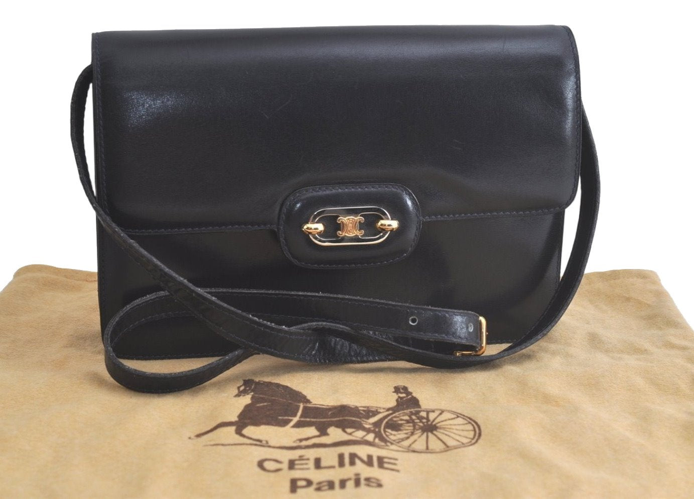 Authentic CELINE Vintage Shoulder Cross Body Bag Purse Leather Black 5363K