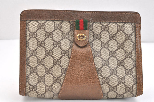 Authentic GUCCI Web Sherry Line Clutch Hand Bag Purse GG PVC Leather Brown 5364K