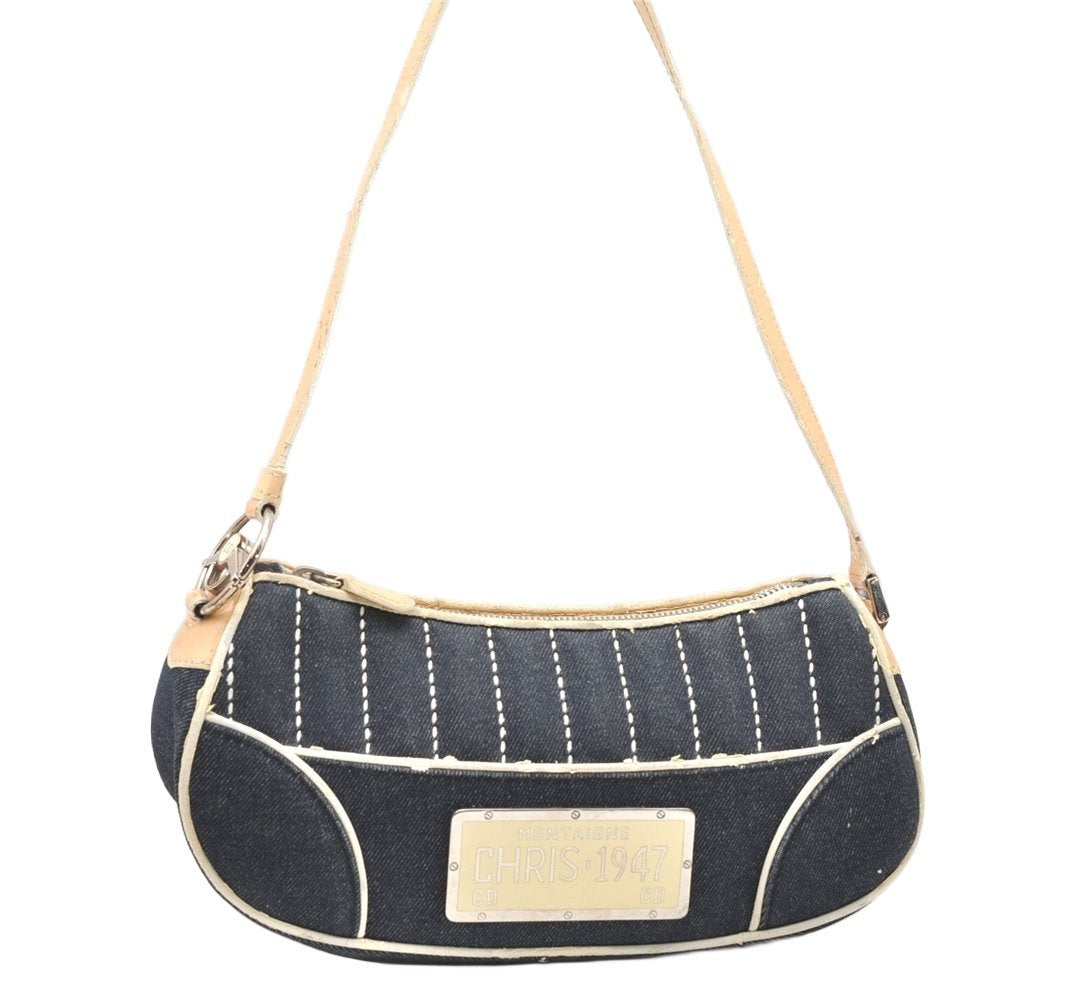Authentic Christian Dior Vintage Shoulder Hand Bag Purse Denim Enamel Navy 5365K