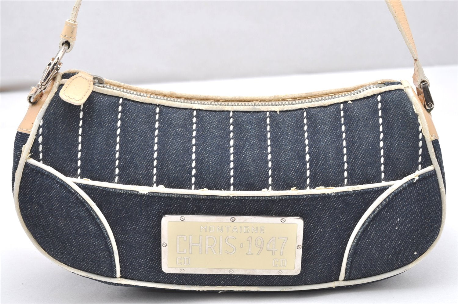 Authentic Christian Dior Vintage Shoulder Hand Bag Purse Denim Enamel Navy 5365K