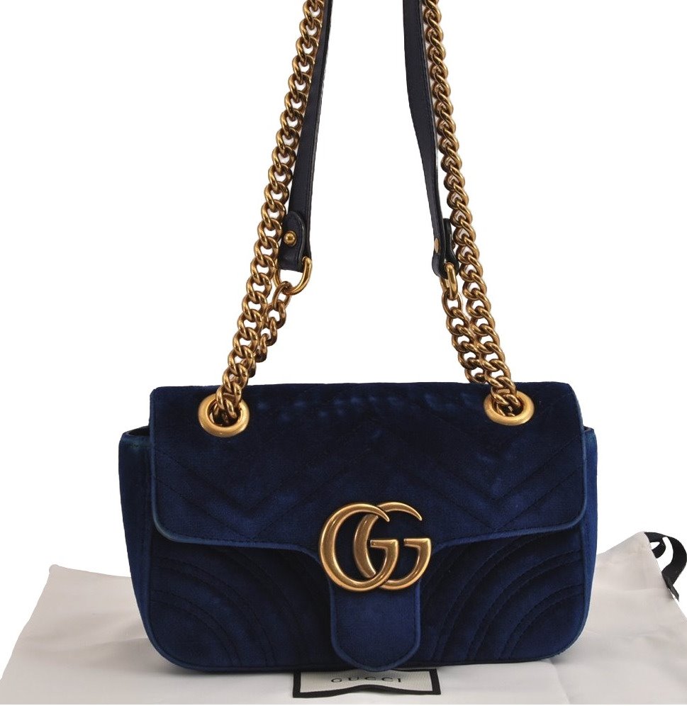 Authentic GUCCI GG Marmont Chain Shoulder Crossbody Bag Velour 446744 Blue 5368J