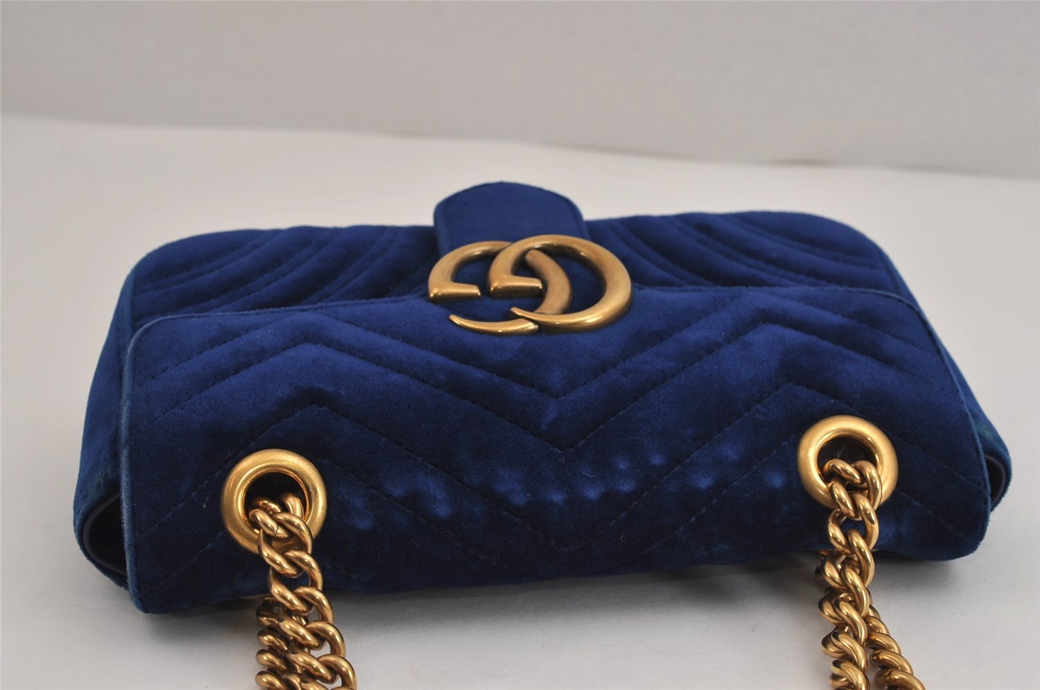Authentic GUCCI GG Marmont Chain Shoulder Crossbody Bag Velour 446744 Blue 5368J