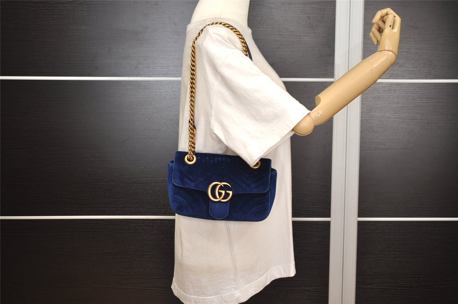 Authentic GUCCI GG Marmont Chain Shoulder Crossbody Bag Velour 446744 Blue 5368J