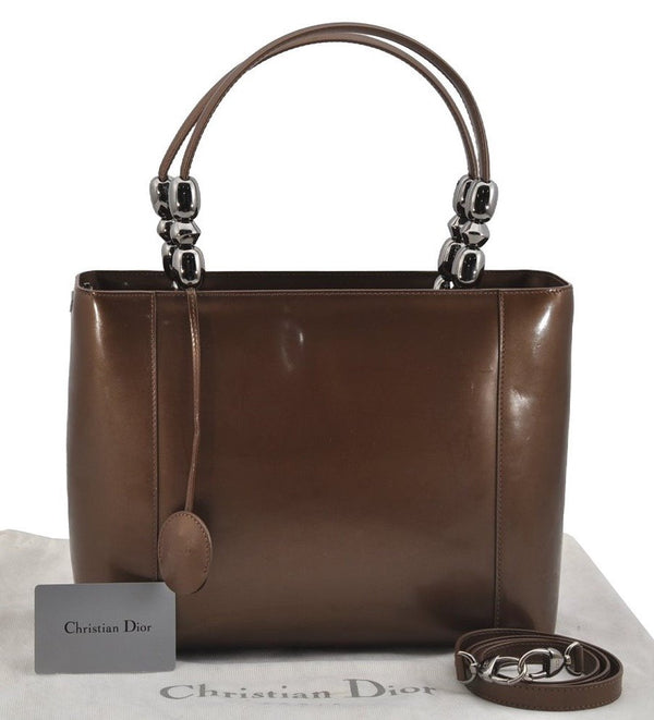 Authentic Christian Dior Maris Pearl 2Way Shoulder Tote Bag Enamel Brown 5370J