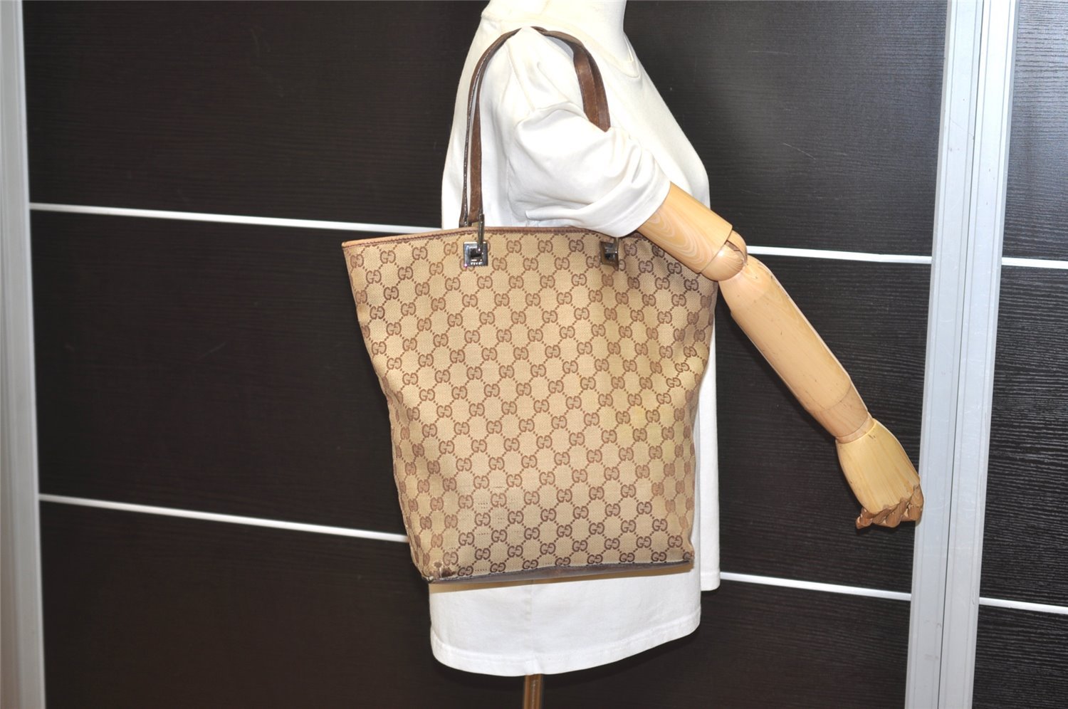 Authentic GUCCI Vintage Shoulder Tote Bag GG Canvas Leather 31243 Brown 5371I